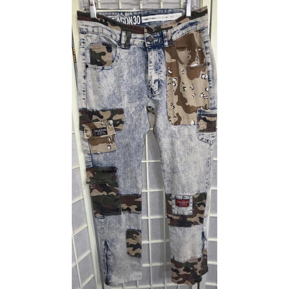 Reason Brand Patchwork Camo Jeans Men's Size 30 Acid Wash Streetwear - Picture 1 of 13